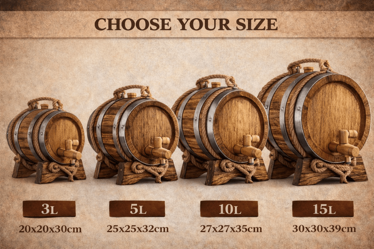 Oak Aging Barrel with Stand & Spigot - Mini Whiskey/Wine Barrel for Home Aging - Available in 3, 5, 10, 15L - Bodega75