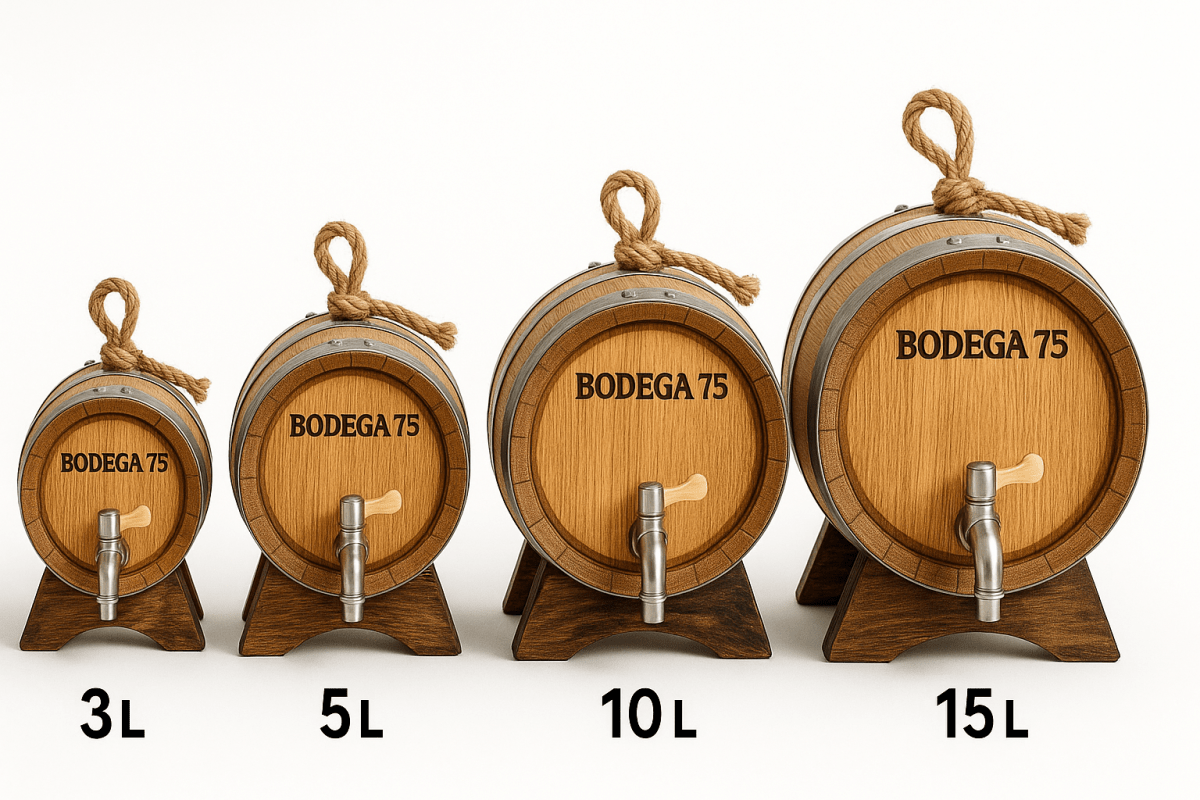 Oak Aging Barrel with Stand & Spigot - Mini Whiskey/Wine Barrel for Home Aging - Available in 3, 5, 10, 15L - Bodega75